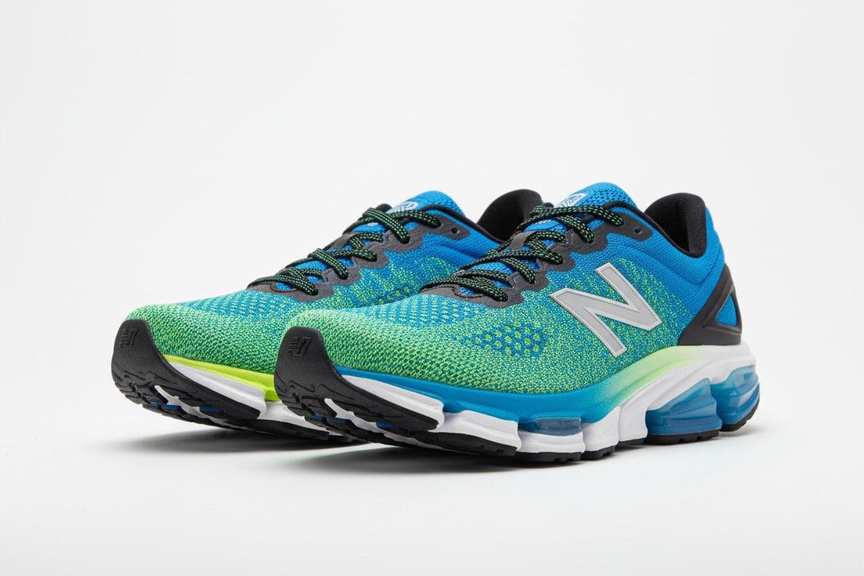 A pair of blue and green New Balance running shoes are shown against a white background.